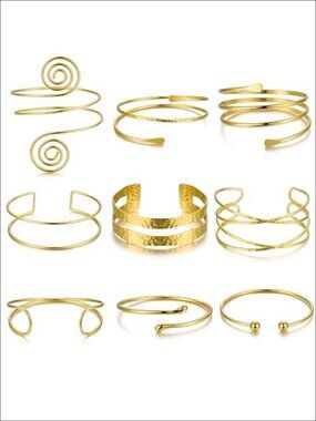 Boho Gold Arm Cuff Bracelets Set Open Adjustable Alloy Stackable Jewelry